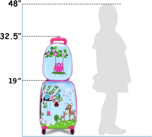 Vista 4 de GYMAX Juego de equipaje de mano para niños, maleta con ruedas de 12 y 16 pulgadas, 2 piezas