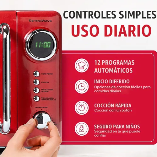 Vista 3 de Nostalgia Horno microondas retro compacto para encimera, 0.7 pies cúbicos, 700 vatios con pantalla digital LED, bloqueo para niños, interior fácil