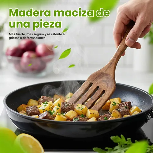 Vista 6 de AIUHI 2 espátulas de madera, mango largo de madera de teca, espátula plana para freír, utensilios de cocina antiadherentes para cocina