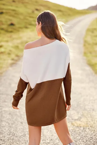 Vista 2 de PRETTYGARDEN - Suéter holgado casual para mujer, suéter de punto con bloques de color, cómodo con hombros descubiertos