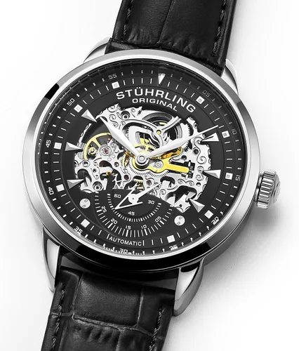 Vista 5 de Stuhrling Original Reloj esqueleto automático para hombre, correa de cuero negro, reloj ejecutivo mecánico plateado