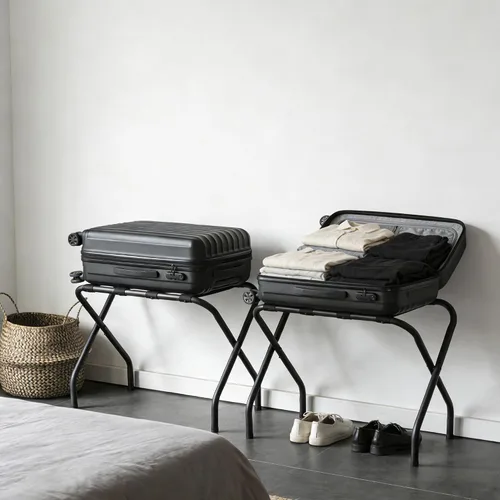 Vista 5 de Portaequipajes plegable, soporte de maleta de metal resistente con correas de nailon, portaequipajes plegable para habitación de invitados