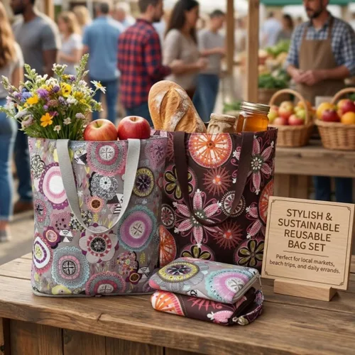 Vista 3 de NC - Bolsas grandes plegables, impermeables, ligeras, duraderas, reutilizables, resistentes, para compras diarias, estilo floral colorido con cierre
