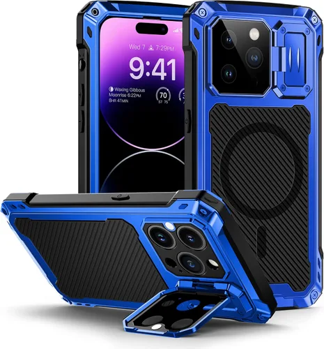 Vista 12 de Lanhiem Funda magnética de metal para iPhone 14, soporte de cámara integrado y protector de pantalla de cristal, resistente a prueba de golpes