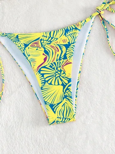 Vista 4 de Traje de baño de cintura alta para mujer, estampado floral, triángulo, halter, conjunto de bikini de 2 piezas