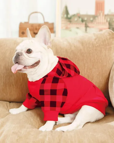 Vista 3 de Sudadera con capucha para perro pequeño, 100 % algodón, ropa de perro a cuadros de búfalo para perro, hembra, niño, bulldog francés, ropa
