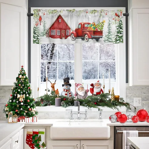Vista 3 de Paquete de 2 cenefas cardenales rojas para dormitorio, sala de estar, diseño de camión rojo con texto en inglés "Merry Christmas", cortinas romanas