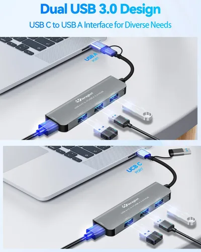 Vista 6 de Hub USB extrendido de múltiples puertos USB 3.0 Hub con transferencia de datos de alta velocidad de 5 Gbps, compatible con Windows, Mac, laptop