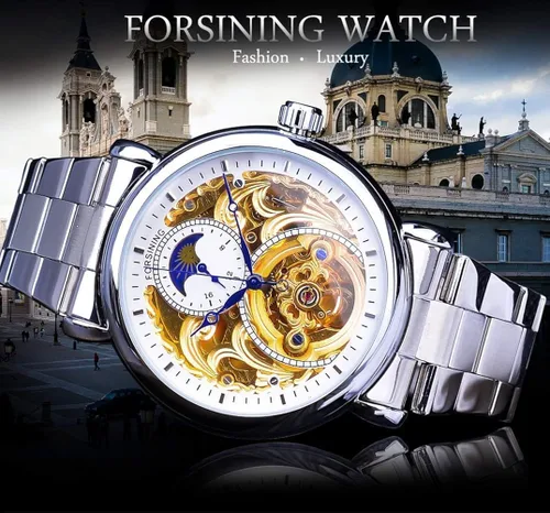 Vista 2 de ShanniRuo Reloj analógico automático para hombre, esqueleto de moda, Tourbillon, impermeable, fase lunar, reloj mecánico