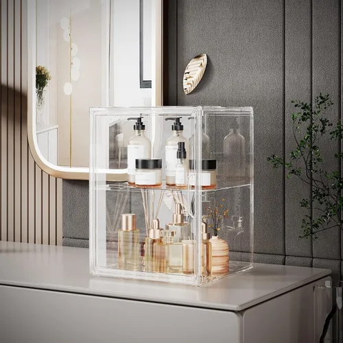 Vista 2 de starogegc Paquete de 2 organizadores de maquillaje, organizador de baño acrílico de gran capacidad, cubos organizadores de cosméticos transparentes