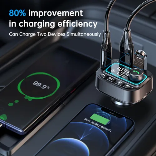 Vista 8 de Adaptador de coche Bluetooth 5.3 Transmisor FM, 42 W (PD30W y 12 W), cargador de coche USB C, receptor de radio inalámbrico, llamadas manos libres