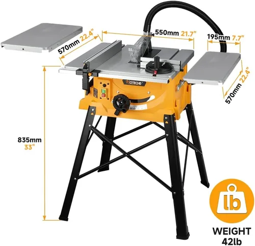 Vista 3 de Hoteche Sierra de Mesa de 10 Pulgadas - Sierra Eléctrica de 15 Amperios con Soporte y Mesa Extensible para Carpintería, Ebanistería, Proyectos