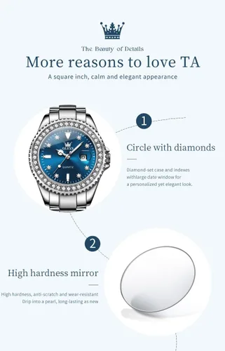 Vista 5 de Relojes OLEVS para Mujer con Diamantes y Fecha, de Lujo, de Cuero, Impermeable, de Pulsera, Reloj Analógico de Vestir, de Acero Inoxidable