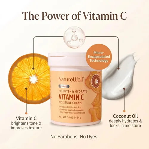 Vista 2 de NATURE WELL Crema hidratante iluminadora con vitamina C – Loción hidratante facial y corporal con aceite de coco, ayuda a mejorar el tono desigual