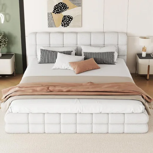Vista 3 de Moderna cama tapizada de tamaño Queen, forro polar bereber grueso, base de colchón tapizada con cabecera copetuda y soporte de listones de madera