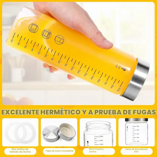 Vista 3 de Botellas de vidrio para jugo con tapas, botellas de agua de vidrio de boca ancha de 6 onzas para jugos, proteínas, batidos, leche, tapas de acero