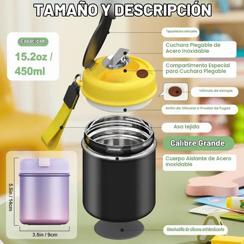 Vista 4 de Termo para comida caliente para niños, 15.8 onzas, recipiente de sopa a prueba de fugas, tarro de comida aislado de boca ancha con cuchara plegable
