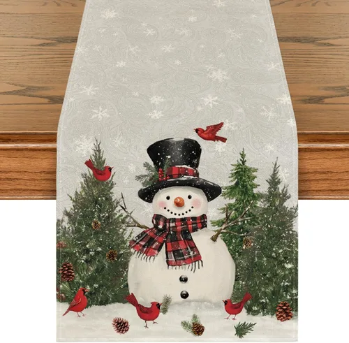 Vista 10 de Artoid Mode Camino de mesa con diseño de muñeco de nieve y pájaros de Navidad, decoración de mesa de comedor para interiores y exteriores