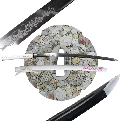 Vista 8 de OYZ - Espada Katana de samurái japonesa, templada en arcilla, acero T10, Choji Hamon real, espada con Tsuba, hoja afilada, espada completa hecha a
