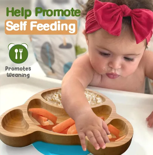 Vista 4 de Platos de bambú para niños - Platos para bebés y niños pequeños con succión para alimentación y destete, diseño de oso ecológico que promueve