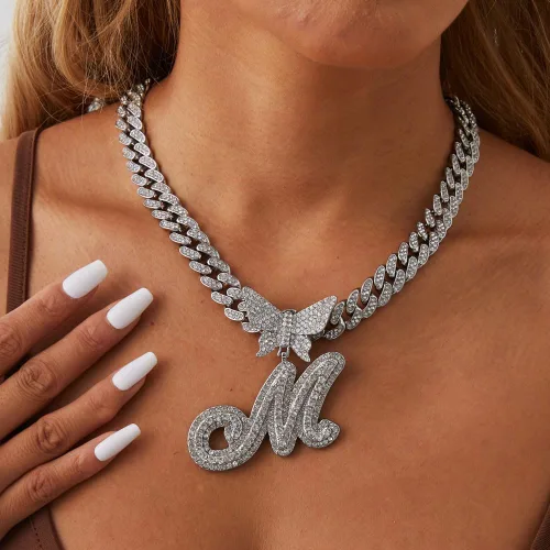 Vista 2 de Cadena de eslabones cubanos de plata para mujeres y hombres, letra inicial personalizada, collar personalizado, collar de diamantes de cadena