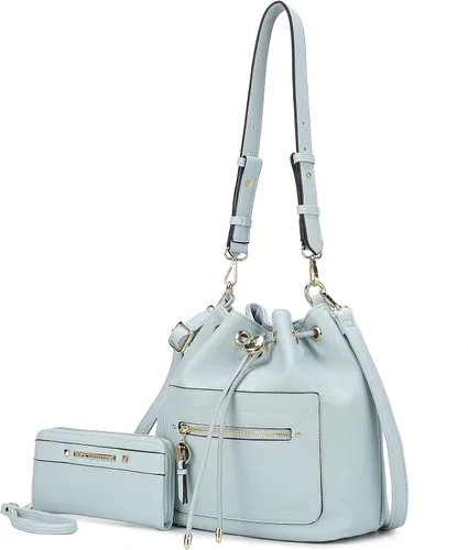 Vista 22 de MKF Collection Bolso bandolera para mujer, bolso de hombro con cordón, bolso de mano de moda con cartera de muñeca