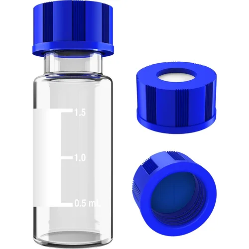 Vista 8 de Viales de muestreo automático de 0.1 fl oz, viales de muestra HPLC/GC, con área de escritura y graduaciones, tapón de rosca 9-425, PTFE azul
