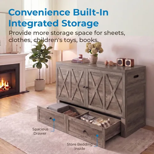 Vista 4 de Mjkone Murphy Bed Queen Size, Cabinet Bed with Built-in USB Charging Station & Storage Drawers, Hidden Queen Murphy Wall Beds Cabinet Beds No