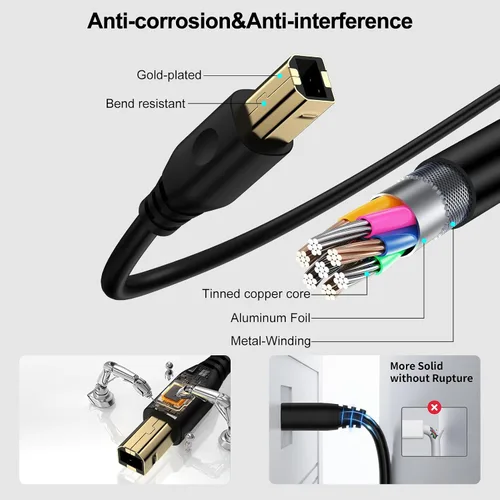Vista 7 de Cable de impresora, paquete de 2 cables USB A a B de 6 pies, cable de impresora USB 2.0 tipo A a tipo B macho USB A a USB B de alta velocidad