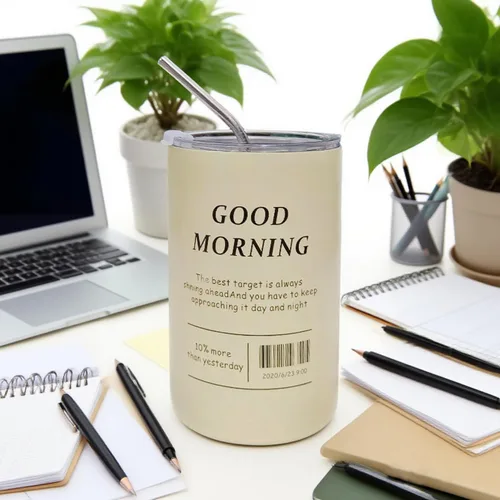 Vista 4 de Vaso térmico Iced Americano con popote de acero inoxidable, taza de café de viaje con palabras inspiradoras para hombres y mujeres (20 onzas, beige)