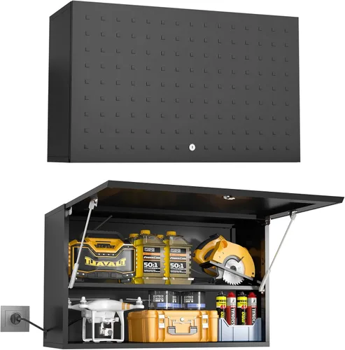 Vista 12 de Armario de almacenamiento de garaje de metal con cerradura, gabinetes de herramientas montados en la pared con puerta y estante, armarios