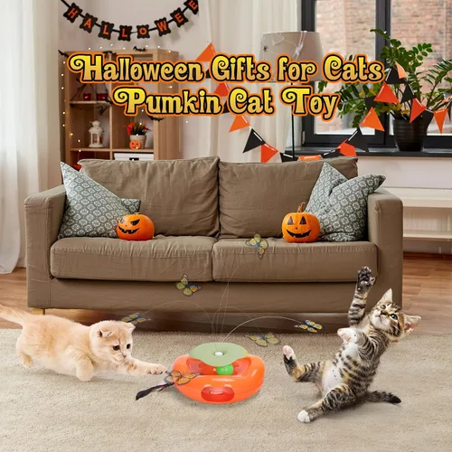 Vista 6 de Pawingcat Juguete interactivo para gatos 3 en 1 de Halloween, juguete para gatos de calabaza, golpear un topo, juguete para gatos con mariposa