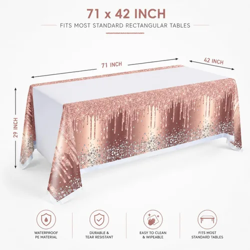 Vista 2 de 3 manteles desechables de polietileno de 71 x 42 pulgadas con diamantes, color oro rosa, para cumpleaños, bodas, baby shower, aniversario, fiesta