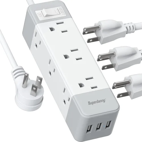 Vista 10 de Regleta protectora contra sobretensiones, 9 tomas de corriente ampliamente espaciadas con 3 puertos USB, extensor de 3 salidas laterales con cable