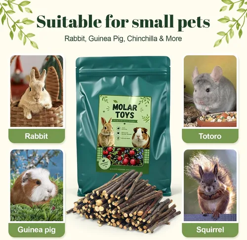 Vista 5 de Palitos de manzana naturales de 17.64 oz para animales pequeños, juguete molar masticable para rechinar dientes para conejos, cobayas, chinchillas