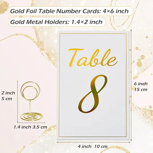Vista 3 de Tarjetas de números de mesa doradas del 1 al 30 con tarjeta de mesa principal y tarjeteros de lugar