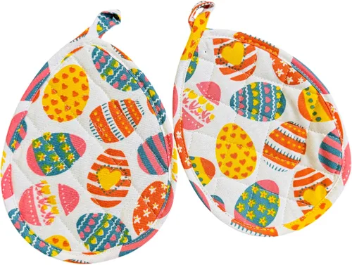 Vista 6 de Serafina Home Easter Kitchen Towel Set with Pot Holders, Spring Colored Eggs Design, 100% Cotton, White Orange Green, 5 Piece Set