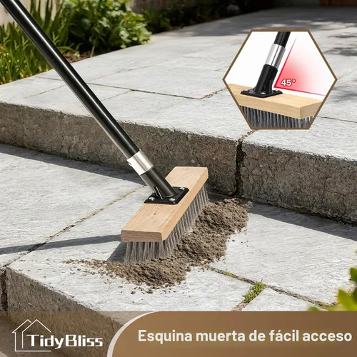 Vista 4 de TidyBliss Cepillo de alambre de acero inoxidable con mango largo, escoba rígida de metal resistente, removedor de musgo para exteriores para piso