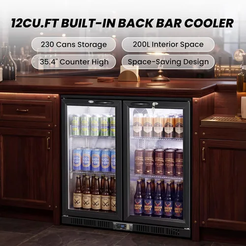 Vista 2 de 35.42" W Commercial Under Counter Beverage Refrigerator, 2 Glass Door Back Bar Cooler, Built-in/Freestanding 7.4Cuft Drink Fridge with LED Light