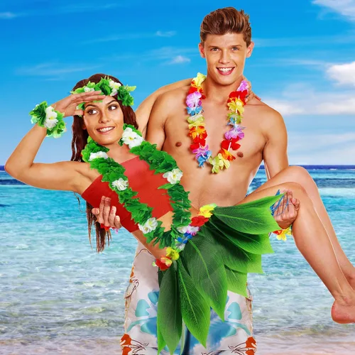 Vista 7 de Yahenda Disfraz hawaiano de 6 piezas para mujer, falda hula de hoja con top corto, collar de flores y trajes de Leis para fiesta de verano Luau