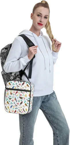 Vista 6 de FREEHOTU Lonchera con diseño de pájaros en acuarela, doble aislamiento, a prueba de fugas, bolsa de mano, organizador de almuerzo para trabajo
