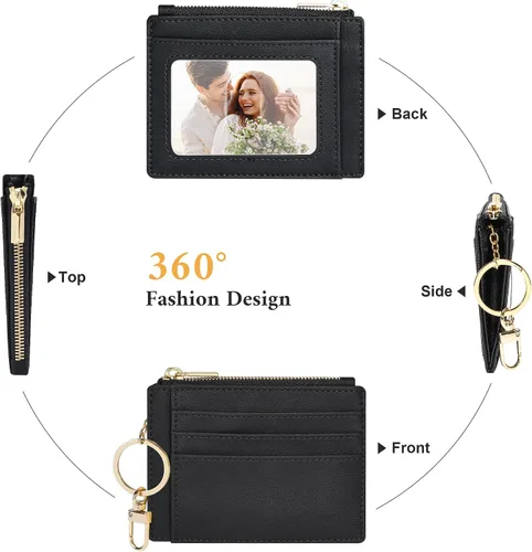 Vista 4 de Sodsay Estuche para tarjetas, cartera delgada con bolsillo frontal, para mujer, sujetatarjetas con llavero