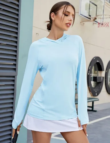 Vista 6 de LUYAA Sudadera con capucha para mujer, con protección solar UPF 50+, transpirable, elástica, de manga larga, para correr, entrenamiento al aire libre