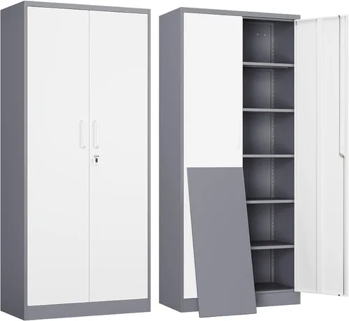 Vista 25 de Yizosh Armario de almacenamiento de metal para garaje con 2 puertas y 5 estantes ajustables, gabinete de archivo de acero con cerradura de 71