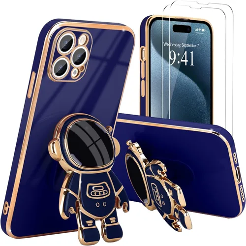 Vista 9 de Pepmune - Funda para iPhone 15 con soporte de astronauta 3D, color negro [2 Screen Protector], Luxury Electroplated Soft TPU Cover with Kickstand