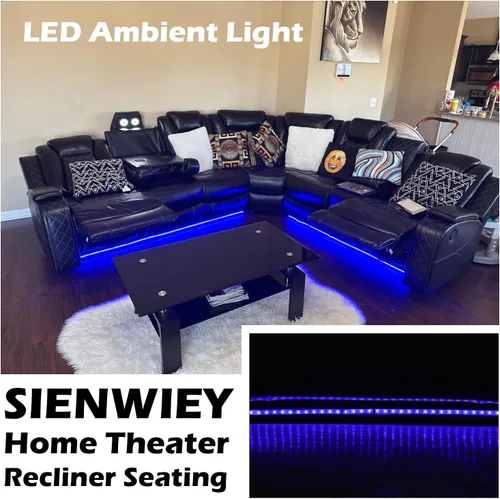 Vista 7 de Sofá Seccional Reclinable Eléctrico, Sofá Modular Seccional Reclinable de Cuero Negro, Sofá de Cuero en Forma de L con Luces LED/Cargador