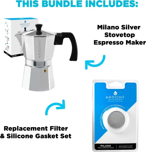 Vista 2 de GROSCHE Milano - Cafetera de café expreso para estufa, 6 tazas de expreso, 9.3 onzas, plata y 3 sellos de repuesto, paquete de juntas, cafetera