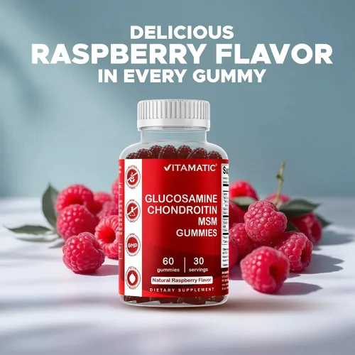Vista 8 de Condroitina de glucosamina vitamática con MSM y vitamina E - 60 gomitas Sabor natural de frambuesa, fórmula de apoyo articular*, a base