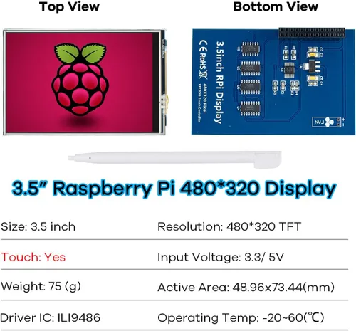 Vista 5 de Hosyond Panel de Pantalla LCD TFT de 3.5 Pulgadas, 480x320, Táctil, SPI para Raspberry Pi B, B+, 2B, 3B, 3B+, 4B, 5