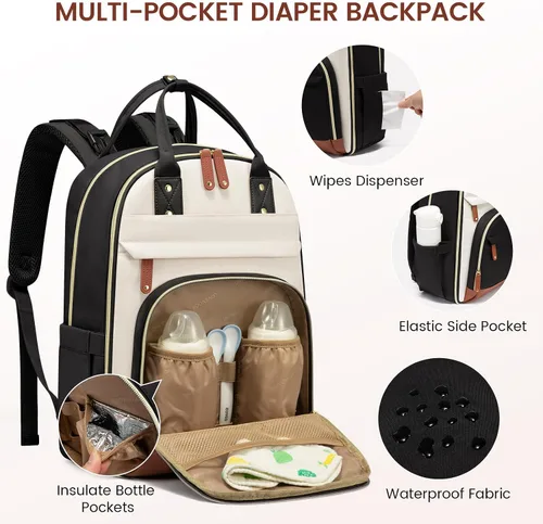 Vista 3 de LOVEVOOK mochila para pañales de gran capacidad, Beige Marrón Negro, Classic